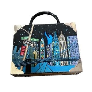 Vintage Bueno NYC Skyline Cigar Box Beaded Purse Black Bamboo Acrylic Handle